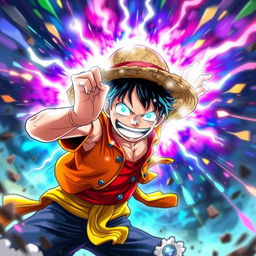A dynamic and energetic depiction of Luffy from the popular anime One Piece, showcasing him in an imaginative Gear 99999999999999999999 form
