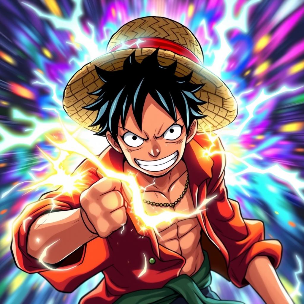 A dynamic and energetic depiction of Luffy from the popular anime One Piece, showcasing him in an imaginative Gear 99999999999999999999 form