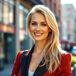 A 35-year-old woman with light blonde hair and European features, dressed elegantly in stylish attire, standing confidently with a warm smile