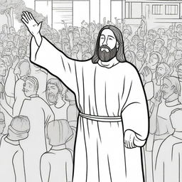 A touching colouring book page of Jesus with his hand raised in blessing over a crowd of receptive people.