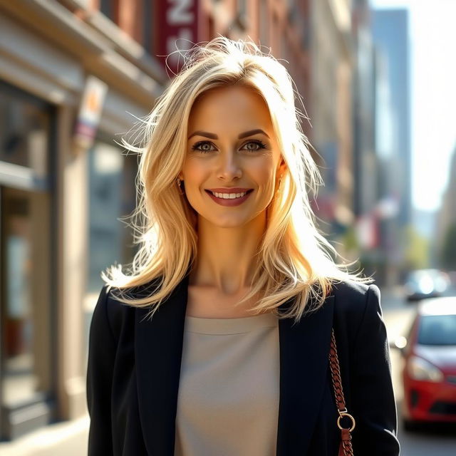 A 35-year-old woman with light blonde hair and European features, dressed elegantly in stylish attire, standing confidently with a warm smile