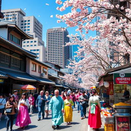 A vibrant street scene in Seoul, South Korea, showcasing traditional Korean architecture alongside modern skyscrapers