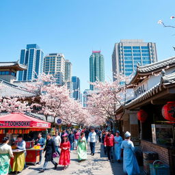 A vibrant street scene in Seoul, South Korea, showcasing traditional Korean architecture alongside modern skyscrapers