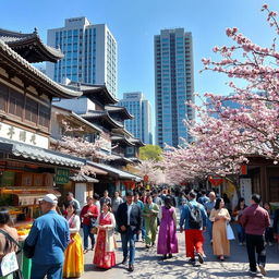 A vibrant street scene in Seoul, South Korea, showcasing traditional Korean architecture alongside modern skyscrapers