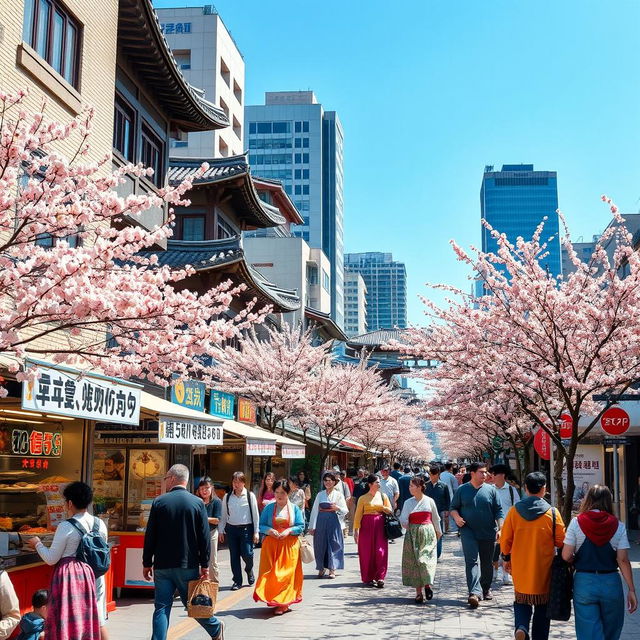 A vibrant street scene in Seoul, South Korea, showcasing traditional Korean architecture alongside modern skyscrapers