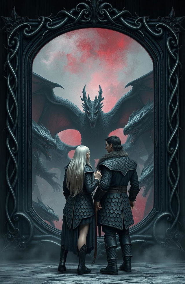 A dark fantasy scene featuring dragons and a large ornate mirror framed in dark twisted metal with sharp thorns and lined with blackened wood