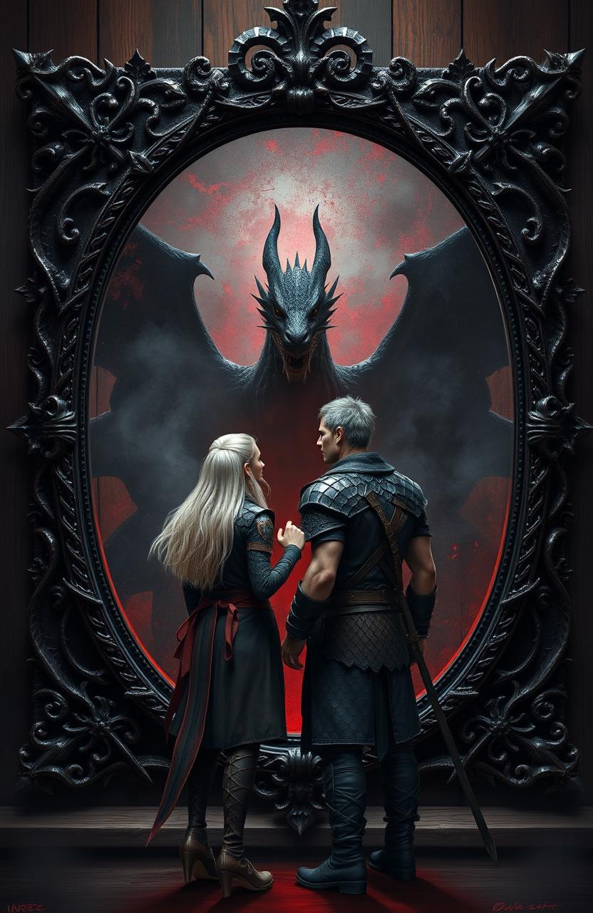 A dark fantasy scene featuring dragons and a large ornate mirror framed in dark twisted metal with sharp thorns and lined with blackened wood