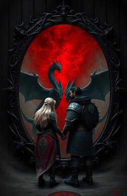 A dark fantasy scene featuring dragons and a large ornate mirror framed in dark twisted metal with sharp thorns and lined with blackened wood