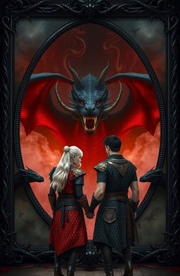 A dark fantasy scene featuring dragons and a large ornate mirror framed in dark twisted metal with sharp thorns and lined with blackened wood