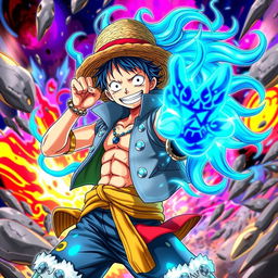 A dynamic scene featuring Luffy from One Piece in an extraordinary Gear 99999999999999999999 transformation