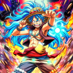 A dynamic scene featuring Luffy from One Piece in an extraordinary Gear 99999999999999999999 transformation