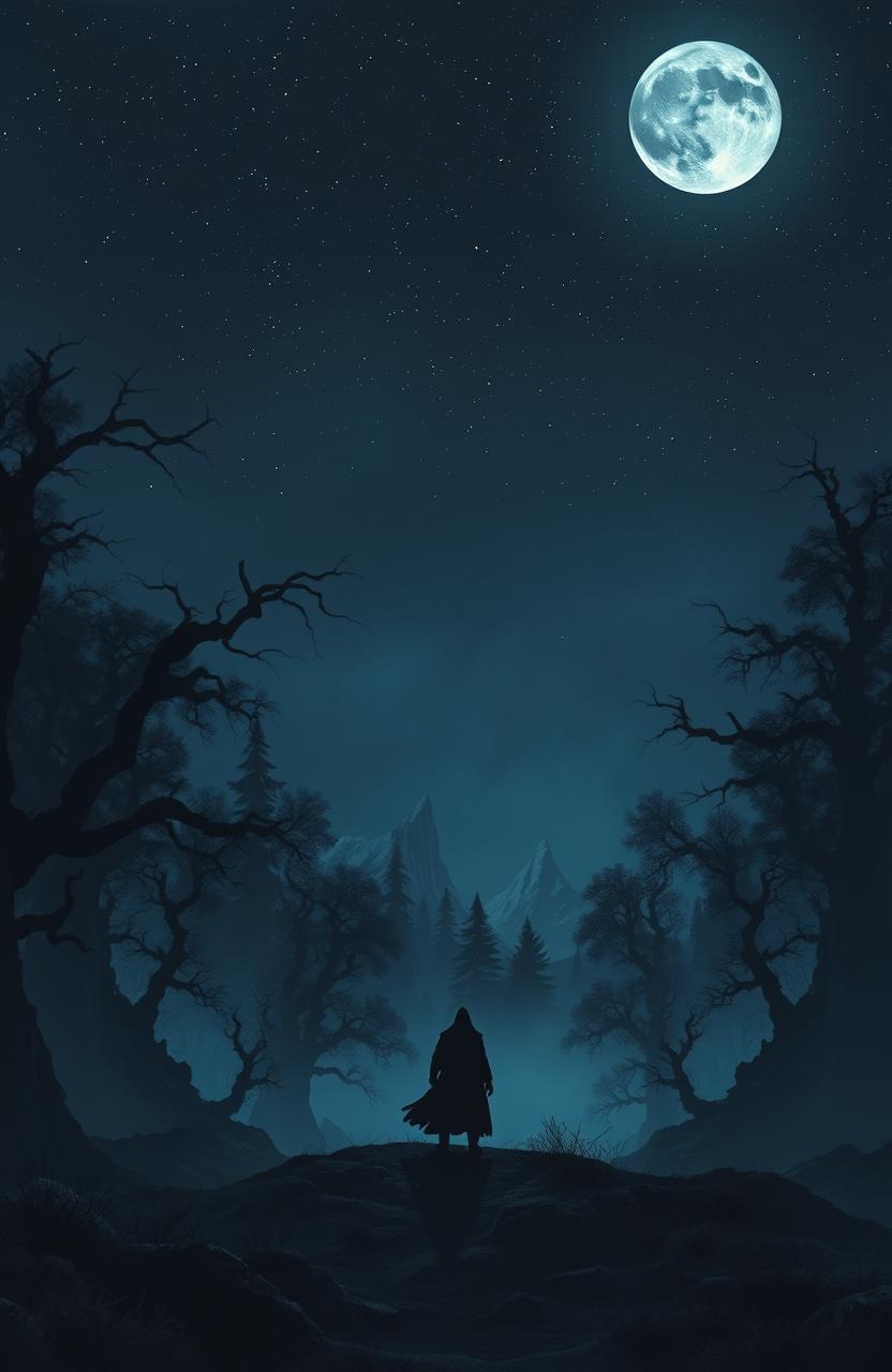 A dark fantasy landscape featuring a sprawling, eerie forest under a starry night sky