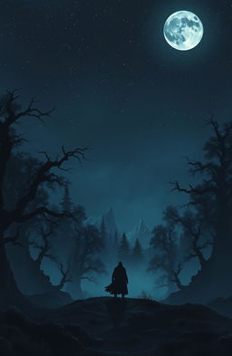 A dark fantasy landscape featuring a sprawling, eerie forest under a starry night sky