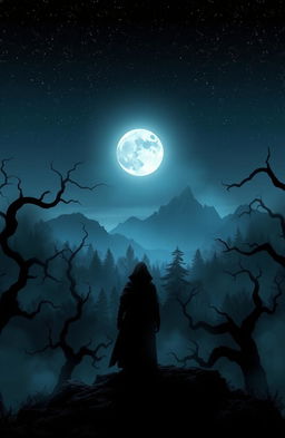 A dark fantasy landscape featuring a sprawling, eerie forest under a starry night sky