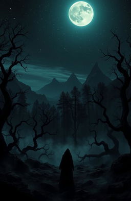 A dark fantasy landscape featuring a sprawling, eerie forest under a starry night sky