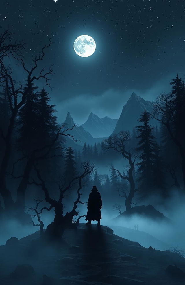 A dark fantasy landscape featuring a sprawling, eerie forest under a starry night sky