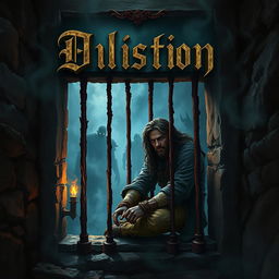 A dark fantasy book cover featuring a lone prisoner sitting despondently in a dimly lit jail cell