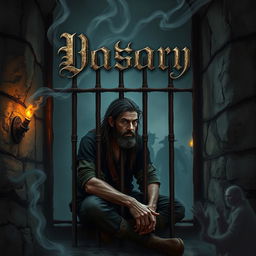 A dark fantasy book cover featuring a lone prisoner sitting despondently in a dimly lit jail cell