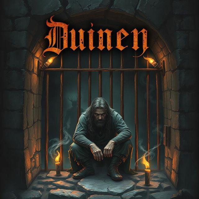 A dark fantasy book cover featuring a lone prisoner sitting despondently in a dimly lit jail cell