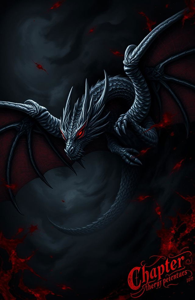 A dark, atmospheric chapter page featuring a formidable dragon with intricate scales and glowing red eyes