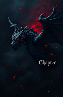 A dark, atmospheric chapter page featuring a formidable dragon with intricate scales and glowing red eyes