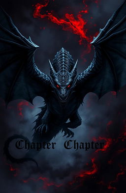 A dark, atmospheric chapter page featuring a formidable dragon with intricate scales and glowing red eyes