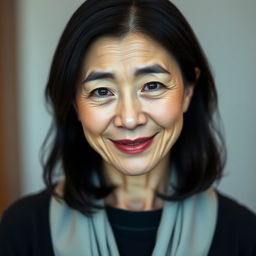 A 45-year-old woman with pale skin and black hair, featuring subtle wrinkles on her face that convey wisdom and kindness