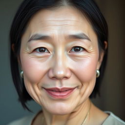 A 45-year-old woman with pale skin and black hair, featuring subtle wrinkles on her face that convey wisdom and kindness