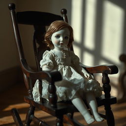 A cracked porcelain doll sitting in a rocking chair