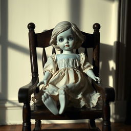 A cracked porcelain doll sitting in a rocking chair