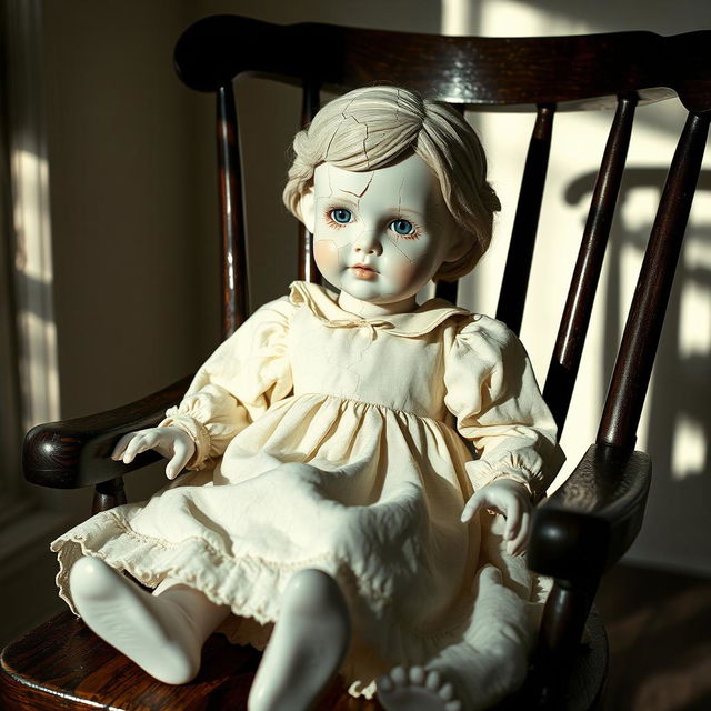 A cracked porcelain doll sitting in a rocking chair