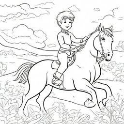 A lively colouring book page illustrating a young boy joyfully riding on a galloping horse.