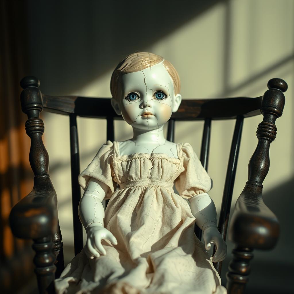 A cracked porcelain doll sitting in a rocking chair