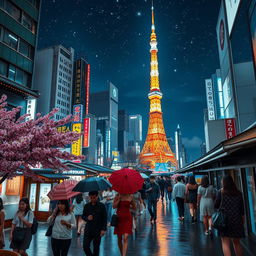 A vibrant scene of Tokyo at night, showcasing the illuminated skyline with skyscrapers and neon lights reflecting off the busy streets below