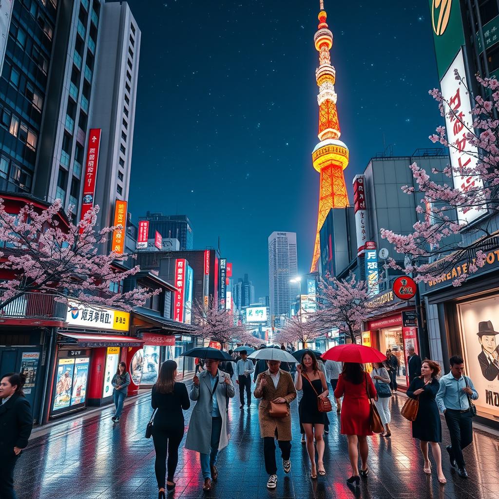 A vibrant scene of Tokyo at night, showcasing the illuminated skyline with skyscrapers and neon lights reflecting off the busy streets below