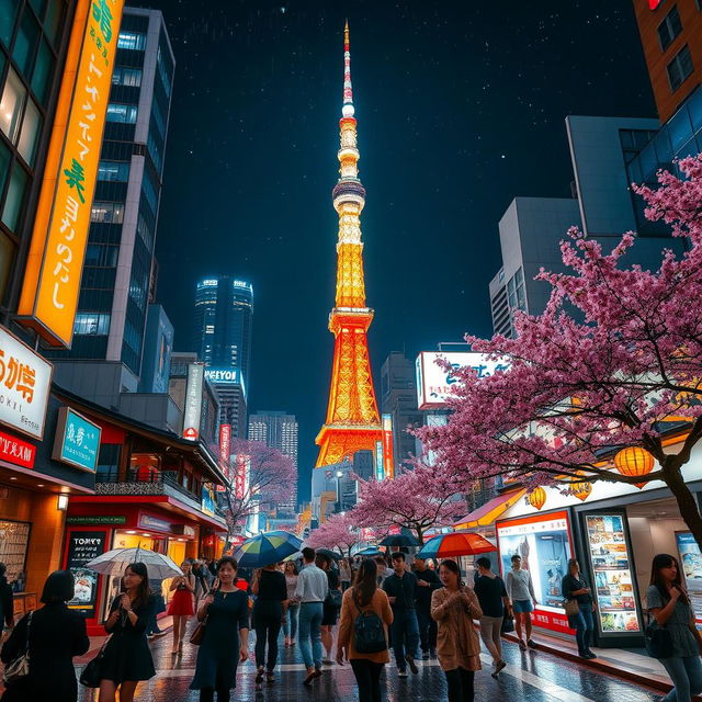 A vibrant scene of Tokyo at night, showcasing the illuminated skyline with skyscrapers and neon lights reflecting off the busy streets below