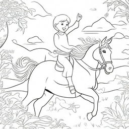 A lively colouring book page illustrating a young boy joyfully riding on a galloping horse.