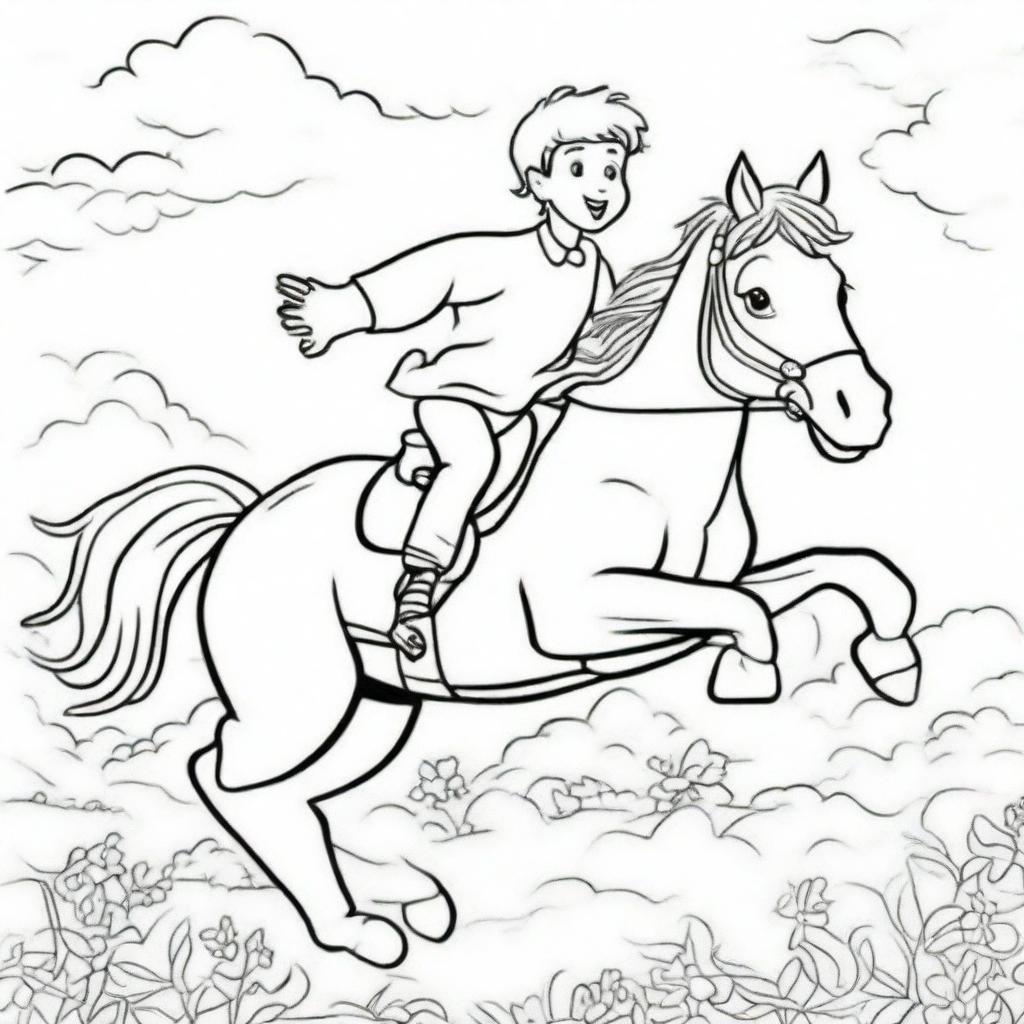 A lively colouring book page illustrating a young boy joyfully riding on a galloping horse.