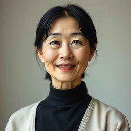 A 50-year-old woman with pale skin and black hair, captured in a waist-up shot