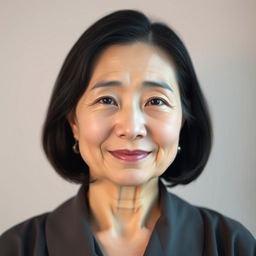 A 50-year-old woman with pale skin and black hair, captured in a waist-up shot