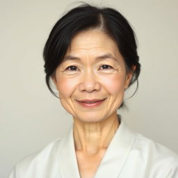 A 50-year-old woman with pale skin and black hair, captured in a waist-up shot