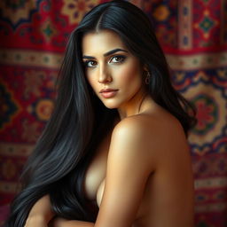 A beautiful Persian woman with long, flowing black hair sitting gracefully against a backdrop of rich, vibrant colors