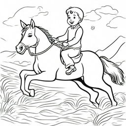 A lively colouring book page illustrating a young boy joyfully riding on a galloping horse.