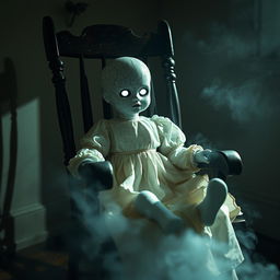 A cracked porcelain doll sitting in a rocking chair, evoking a sense of haunting possession