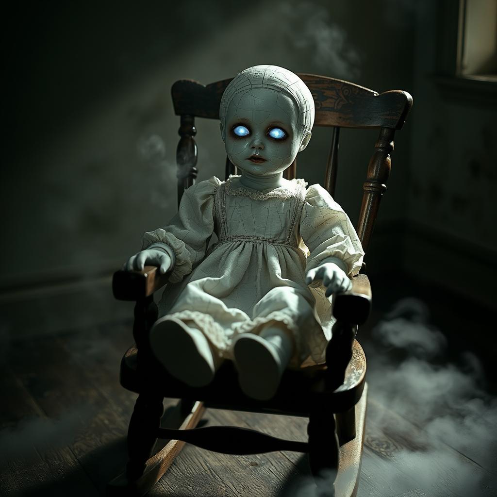 A cracked porcelain doll sitting in a rocking chair, evoking a sense of haunting possession