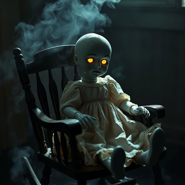 A cracked porcelain doll sitting in a rocking chair, evoking a sense of haunting possession