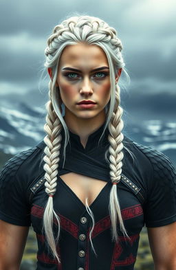 A striking young woman, 18 years old, with light platinum hair featuring faint hints of silver
