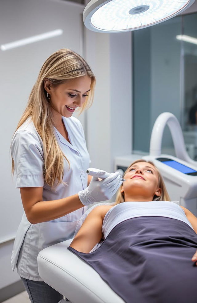 A blonde girl in a medical uniform performing laser hair removal on another girl