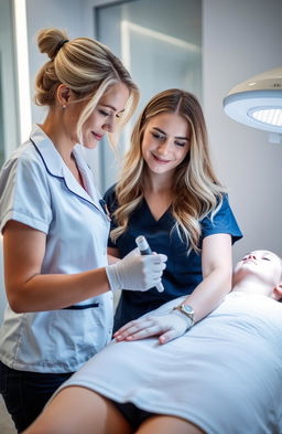 A blonde girl in a medical uniform performing laser hair removal on another girl