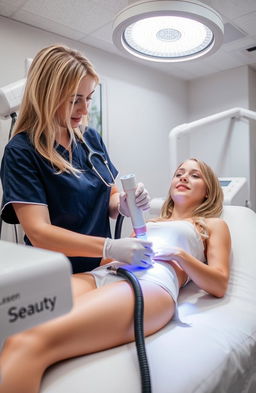 A blonde girl in a medical uniform performing laser hair removal on another girl